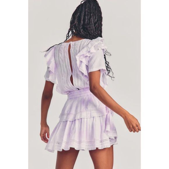 LoveShackFancy Natasha Violet Lavender Mini Dress Lace Inset, ruffles Size L - Picture 3 of 5